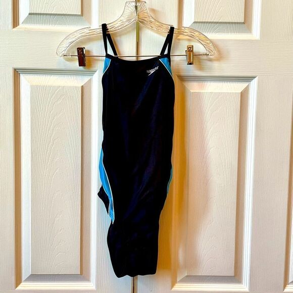SPEEDO HIGH NECK SWIM SUIT BLACK WITH BLUE SIZE 6/32 LIKE NEW - Picture 1 of 7